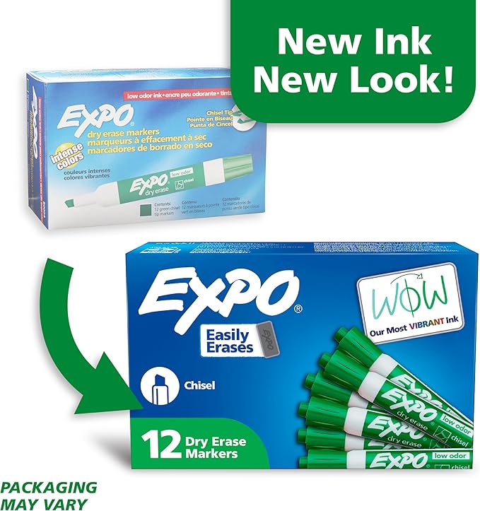 EXPO Low Odor Dry Erase Markers Chisel Tip Green 12 Count (Pack of 12)