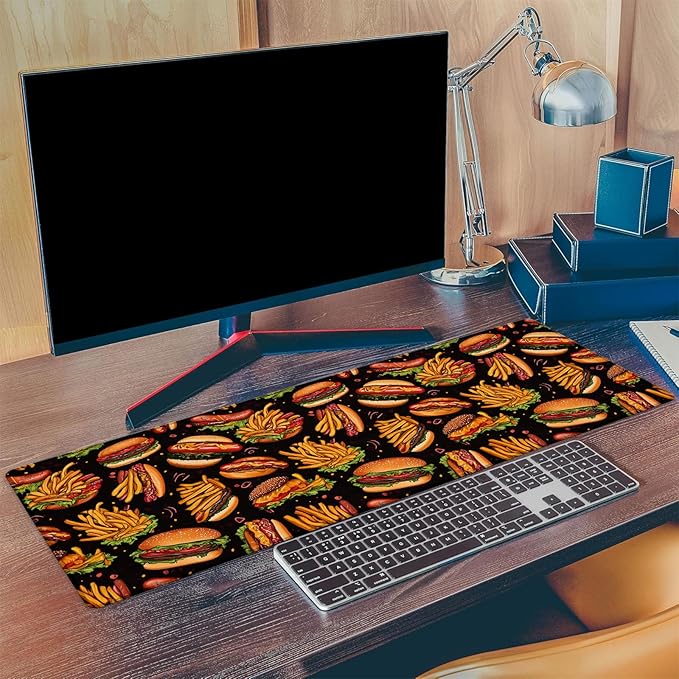 Tasty Burger Gaming Mouse Pad, Extended Fries Hot Dog Desk Mat Computer Laptop Mousepad, Robust Stitched Edges, 31.5"×11.8" Large Office Keyboard Hamburger Mouse Pads for Home Desktop Decor