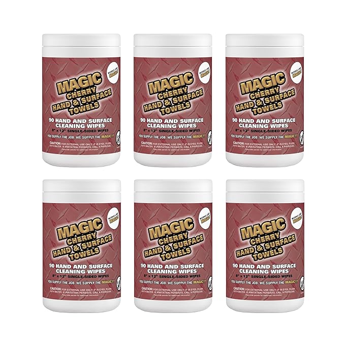 Magic Cherry Scented Heavy Duty Cleaning Wipes - Single Sided Hand & Surface Shop Towels | Professional-grade Cleaning | Waterless | Cleans Grease, Oil, Dirt, & more (6 Pack | 540 Sheets Total)