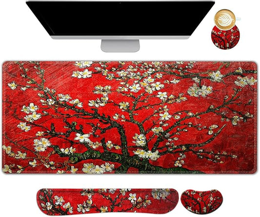 ARTSO Large Gaming Mouse Pad, Keyboard Wrist Rest Pad & Wrist Support Mousepad Set, Stitched Edge, Extended, Non-Slip Base, Memory Foam Desk Mat 4pcs for Office & Home, Red Van Gogh Painting
