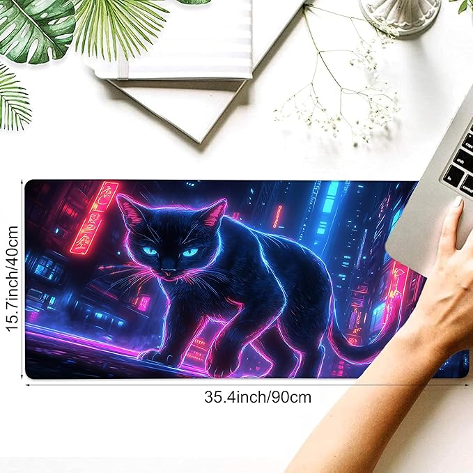 Desk Pad, Neon Cat Prowling Cyberpunk Cityscape XXL Gaming Mouse Pad with Stitched Edges,Non-Slip Waterproof Rubber Base Large Desk Mat for Keyboard and Mouse 35.4"x15.7"