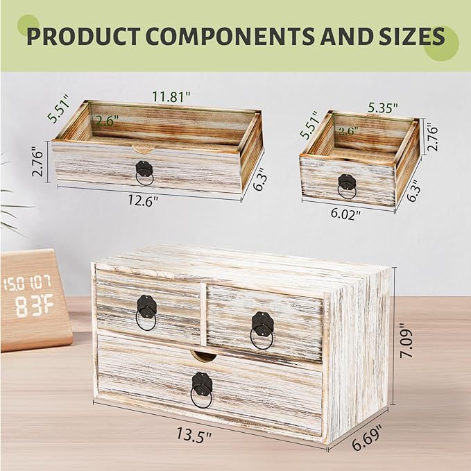 Vintage Wood Desk Organizer, Small Desk Organizer with Drawers, Tabletop Storage Organization Box for Office Home Toiletries Supplies, No Assembly Required (3 Drawer)