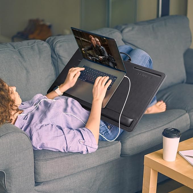 CENNBIE Leather Lap Desk with Memory Foam Cushion 24x16 Inches- Adjustable Portable Laptop Tray Fits 17 19 Inch Notebook - Built-in Wrist Rest Lightweight Computer Desk (Black)