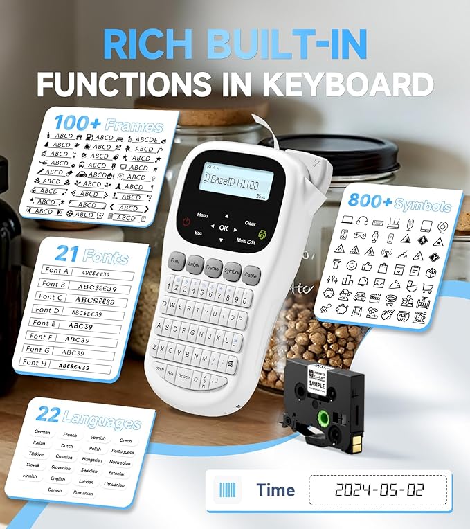 Label Maker Waterproof-Labels, Keyboard Label Maker Machine with-Tape12mm Laminated, Backlit Screen, Multiple Fonts & Symbols, Portable Inkless Labeler for Home Office School Use, H1100
