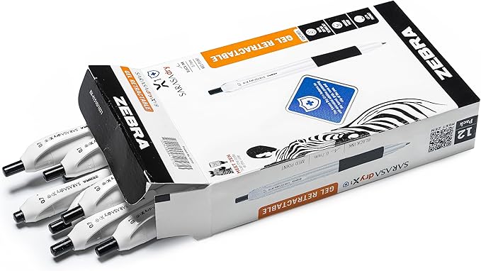 Zebra Pen Sarasa Dry X1+ Retractable Gel Pen, Plastic Barrel with Protective Coating, Medium Point, 0.7mm, Black Ink, 12-Pack