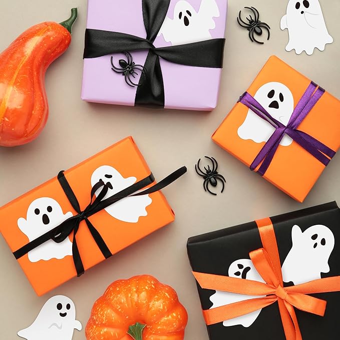 72pcs Halloween White Ghost Sticky Notes & Pens & Ribbons Set, Cute Little Boo Pastel Notepads Gift, Self-Stick Memo Pad for Office Classroom Halloween Back to School Party Favor Supplies