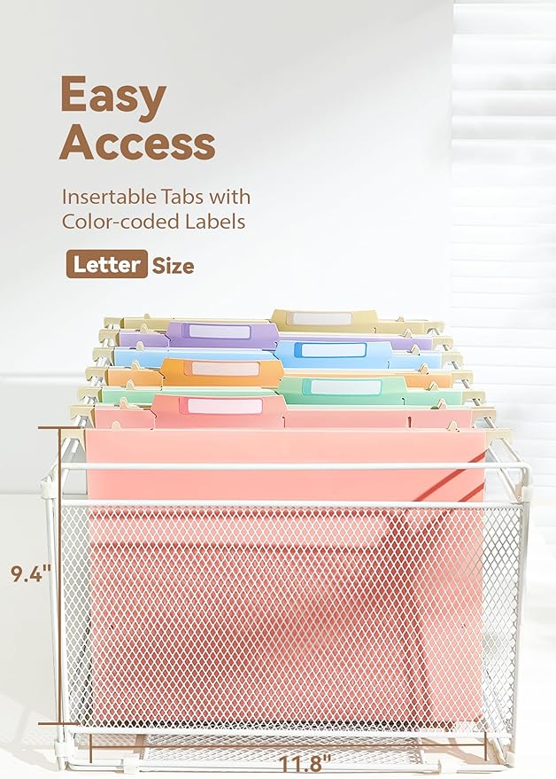 Plastic High Capacity Hanging File Folders, Pastel Colors, 4" Expanding Pocket with Movable Dividers, Heavy Duty for Filing Cabinet, Insertable Tabs, Letter Size - 6 Pack