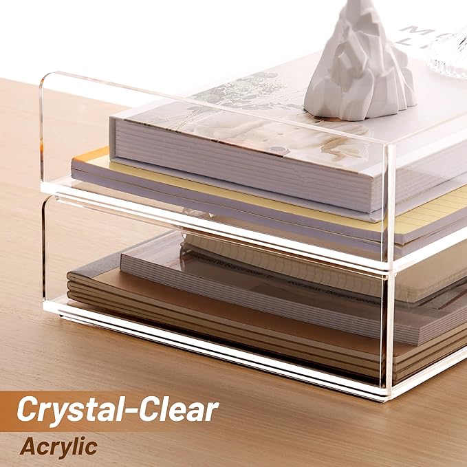 SANRUI Acrylic Paper Tray Organizer for Desk,Desk Organizers and Accessories,2 Pack Stackable Paper Organizer for Letter,Documents,Books,Magazines Crystal-Clear File Organizer