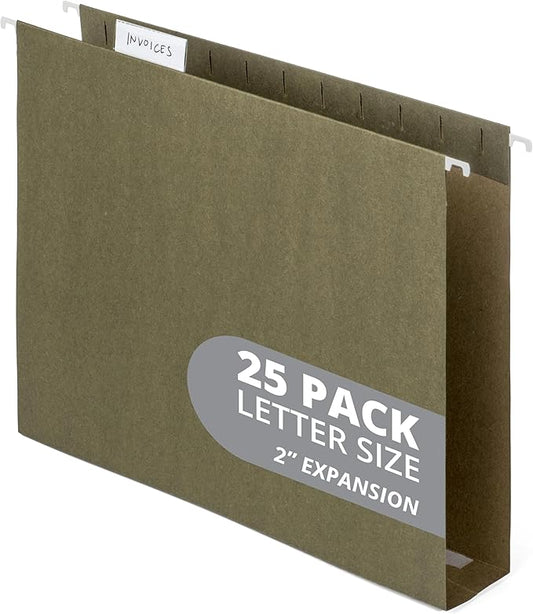 Blue Summit Supplies 25 Pack Extra Capacity Hanging File Folders Letter Size, Reinforced Green Hanging File Folders, Heavy Duty 2 Inch Expansion, Designed for Wide, Bulky Files and Charts