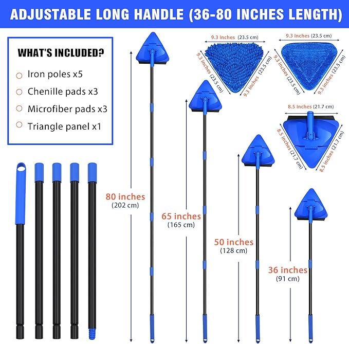 Dolanx Wall Mop Cleaner Long Handle 80 inches, 180° Folding Ceiling Washer Scrubber and Squeegee, Triangle Baseboard Cleaning Tool Duster with 6 Microfiber Chenille Pads for Painted Walls Window Floor