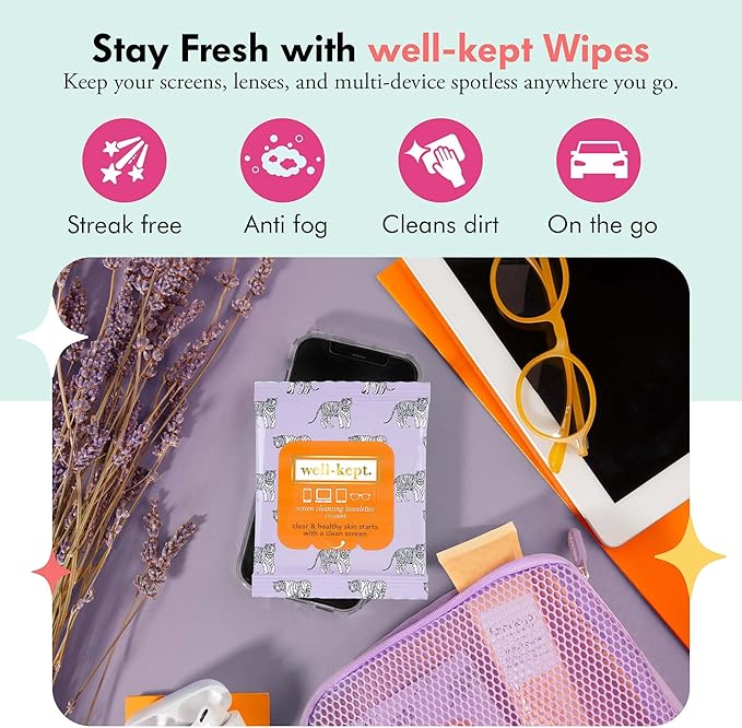 Well-Kept Tech & Lens Wipes - Eyeglass, Screen & Phone Cleaning, Multi-Surface, Lint-Free, Pre Moistened, Streak-Free & Non Scratching - Tiger Pose, 12 Pack (180 Count)