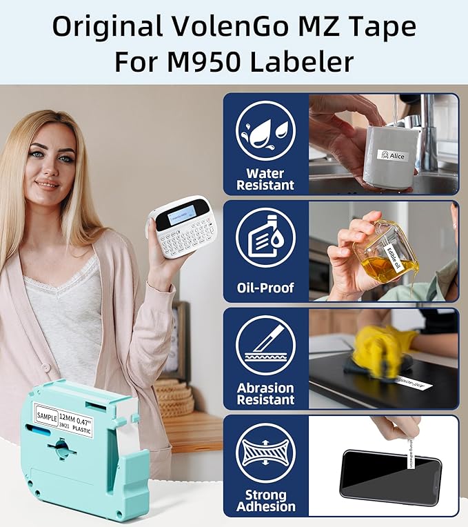 M950 Label Maker Bundle, Label Maker Machine with Tapes 12mm White, Portable Bluetooth Labeler with Backlit-LCD, MZ Tapes 12mm 0.47 White, 3-Pack