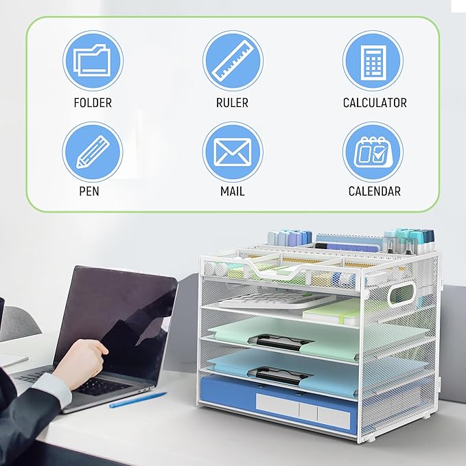 Docnest 5 Tier Mesh Desk Organizer- Letter Tray with Adjustable Compartments, Mesh Desktop Storage Built in Pen Holder and Handles, Desk Organizer Tray for Mail Documents Office Supplies–White