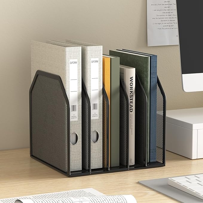 Metal 5-Section File Folder Organizer for Desk | Compact Vertical Desk File Holder | Desktop Paper Sorter for Documents, Notebooks, Books | Black Office Organizer (9.3”x8.5”x7.9”)