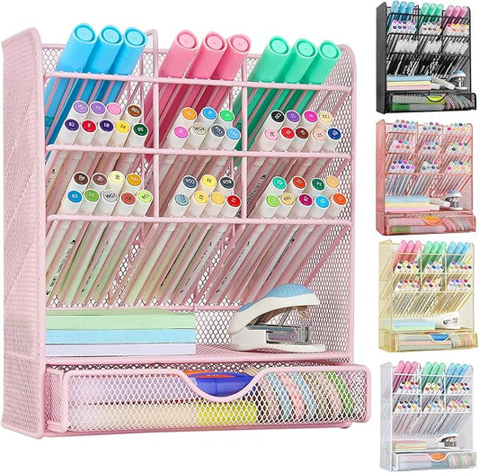 Spacrea Pen Holder Desk Organizer - Desk Organizers and Accessories, Pencil Holder with 10 Compartments and 1 Drawer（Pink）