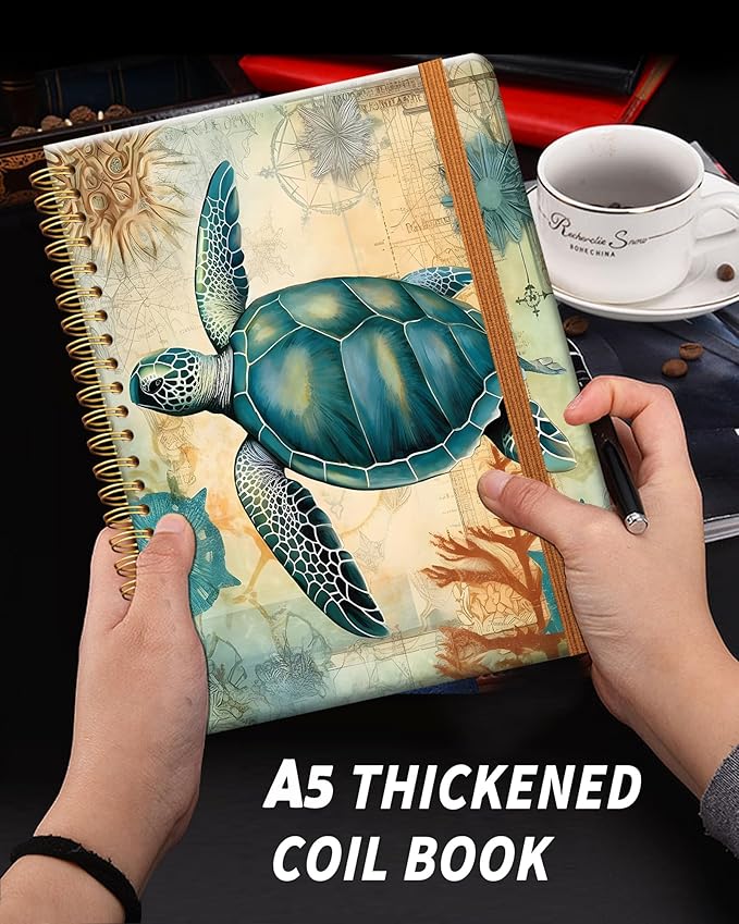 Ruled Spiral Writing Notebook,A5 Hardcover Lined College Journal for Women Lady Girl,Strong Twin-Wire Binding with Premium Paper,8.4" X 6",Perfect for School,Office,Home Gifts(tropical sea turtle)