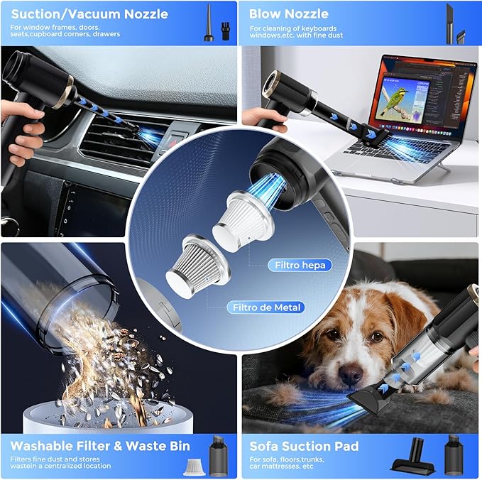 QWMSNUV Aspirador portátil inteligente, Negro, potencia de succión 24000Pa, Tiempo de ejecución de 50 min, diseño multifunción 5 en 1, chip de Doble Sensor, Motor sin cepillo