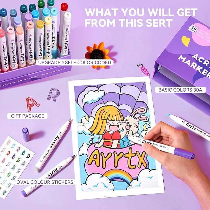Arrtx Acrylic Markers 30A,Brush Tip Acrylic Paint Pens Markers for Rock Painting, Wood, Ceramic,Glass,Canvas,Metal,Plastic, Fabric, Stone & DIY Projects