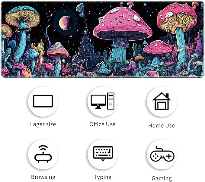 Desk Mat Large Gaming Mouse Pad (31.5x11.8 inch) with Stitched Edges, XL Mouse Pad +Coaster, Extended Mouse Mat Keybroad Mousepad Non-Slip Rubber for Gamer Men Women, Magic Mushrooms
