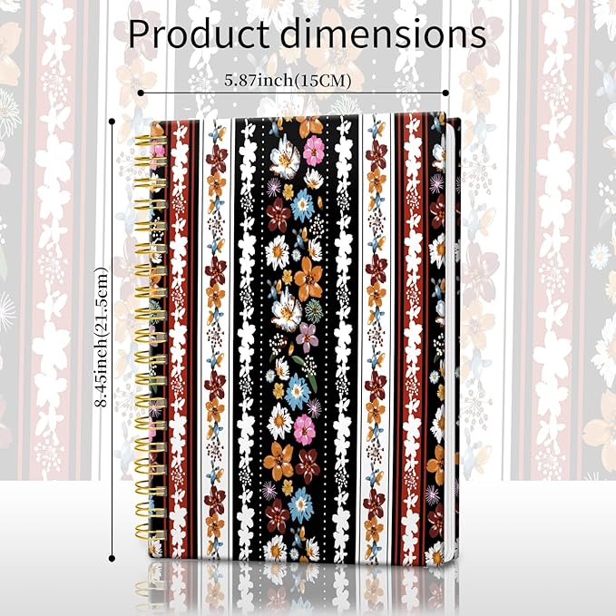Spiral Journal Notebook, Hardcover Lined Journal for Women, Medium 6 x 8.4 in, 120 Pages Thick Paper, College Ruled Notebook for Writing, Work, Office, and School,Boho Stripe Colorful Flowers