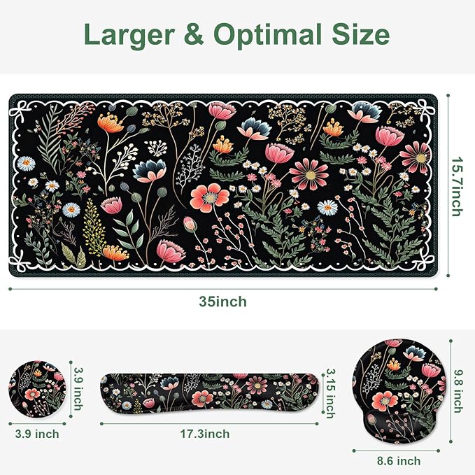 Flower Desk Mat, 4in1 Large Mouse Pad with Wrist Rest, Desk Matt for Desktop, Desk Pad Mat, Anti-Slip XXL Computer Ergonomic Mousepad with Wrist Support for Keyboard and Mouse I Black Florals Weeds