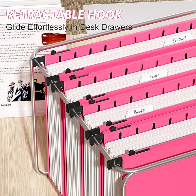 Extra Capacity Plastic Hanging File Folder Letter Size,12 Pack Reinforced Hang Folders with Heavy Duty 2 Inch Expansion,Pink Hanging File Folder Designed for Bulky Files
