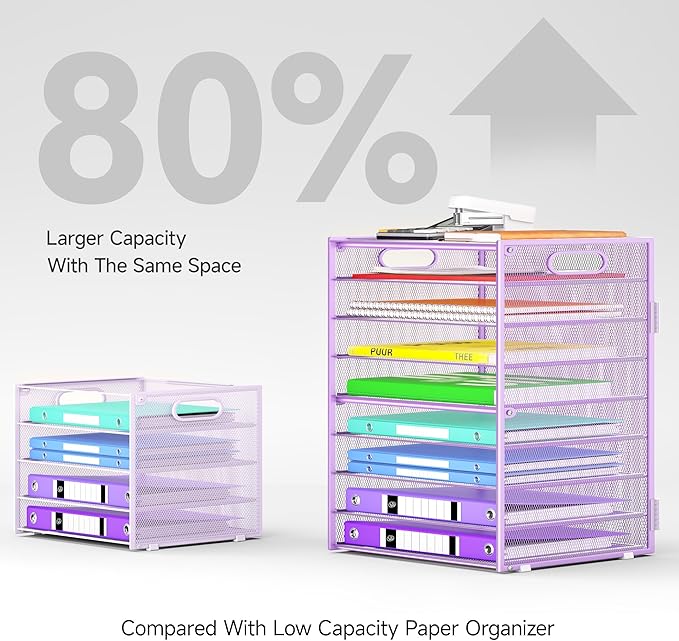 9 Tier Paper Organizer with Handle, Large Capacity Desk Organizer Mesh Paper Letter Tray File Folder Document Sorter for Classroom and Office Accessories Organization- Purple (2 Pack)