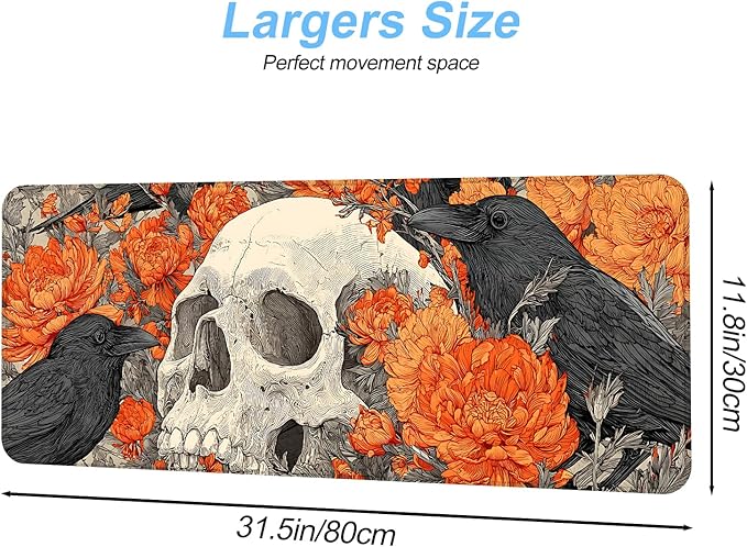 Mouse Pad Desk Mat for Desktop, Large 31.5" x 11.8" Extended Gaming Mousepad with Skull and Raven Design, Waterproof Non-Slip Rubber Base, Computer Laptop Desk Accessories for Women Men Home Office