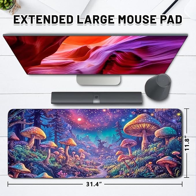 Large Gaming Mouse Pad, Mushroom Computer Mousepad Desk Mat, Birthday Gifts for Women Men Mushroom Lovers, Non-Slip Large Desk Decor Accessories for Keyboard and Mouse 11.8”x 31.4” XL