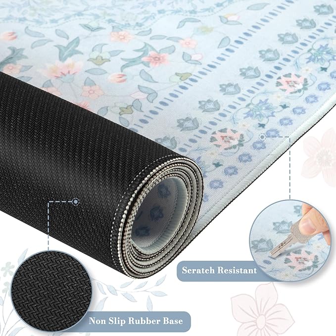 HAOCOO Floral Desk Mat for Keyboard and Mouse, Large Laptop Mouse Pad, Waterproof Makeup Mat, Cute Desktop Mat for Home, Desk Skirts for Teacher Desk, Desk Mat for Dorm(Blue)