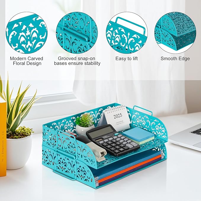 EasyPAG Paper Organizer for Desk 2 Tier Stackable Paper Tray for A4 Legal Size Folders Metal File Storage Desktop Organizer for Home Office School Teacher, Dark Teal