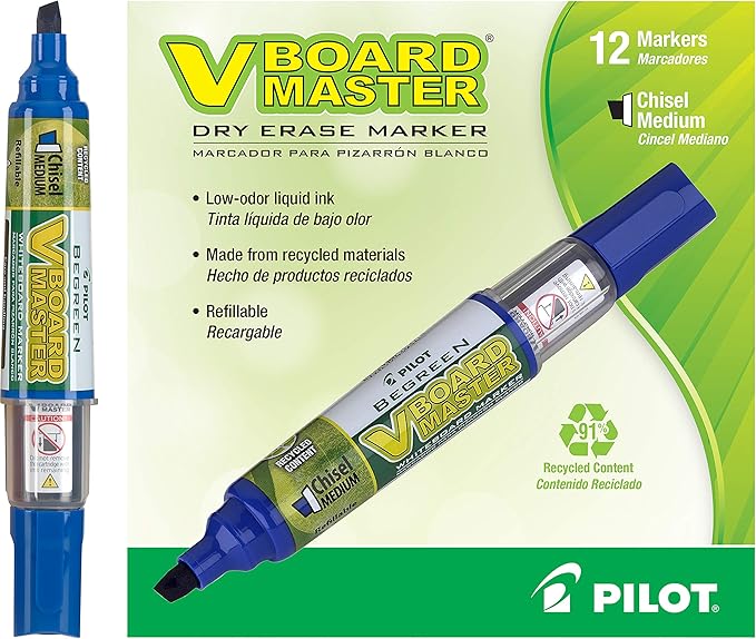 PILOT V Board Master BeGreen Refillable White Board Markers, Chisel Tip, Blue Ink, 12 Count
