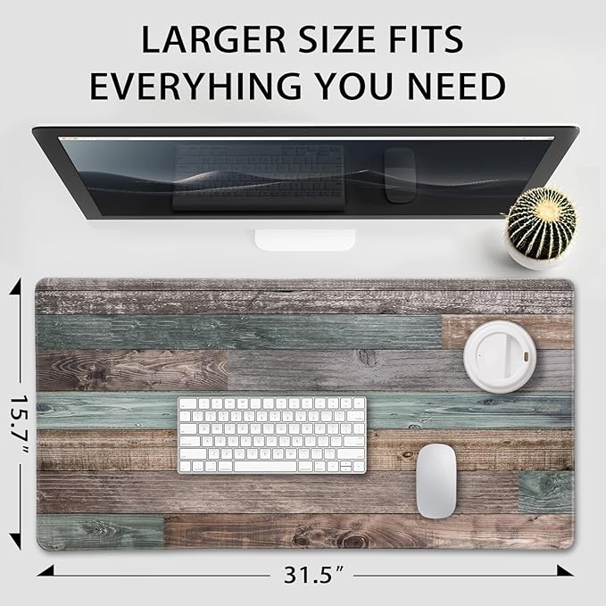 Rustic Wood Pattern Large Gaming Mouse Pad 31.5"x15.7"｜XXL Desk Mat, Non-Slip Rubber Base & Stitched Edges - Extended Waterproof Mousepad for PC/Laptop/Office/Home Decor