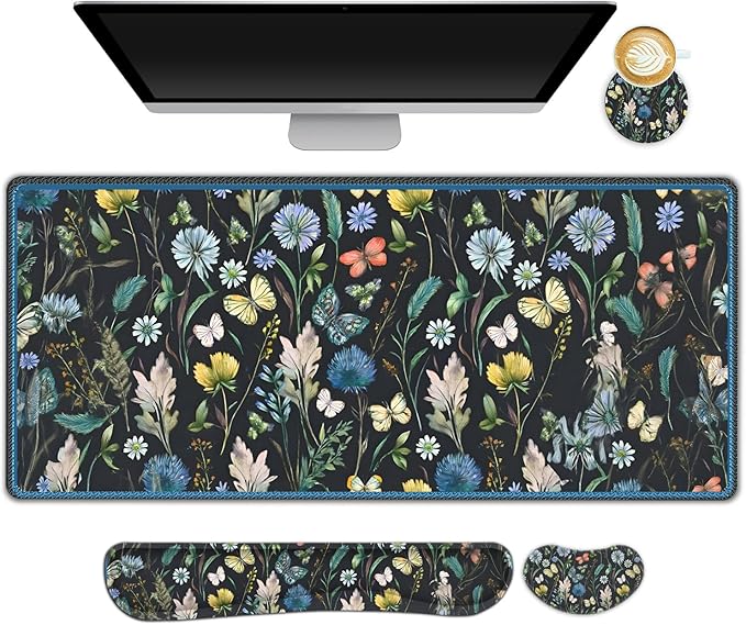 ARTSO Keyboard Mouse Pad Set, Extended Mouse Pad with Keyboard Wrist Rest Support, Memory Foam Ergonomic Desk Pad Set for Home Office, Flower Leaf Butterfly