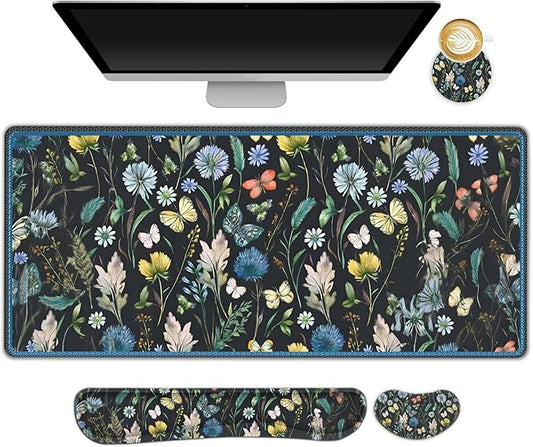 ARTSO Keyboard Mouse Pad Set, Extended Mouse Pad with Keyboard Wrist Rest Support, Memory Foam Ergonomic Desk Pad Set for Home Office, Flower Leaf Butterfly