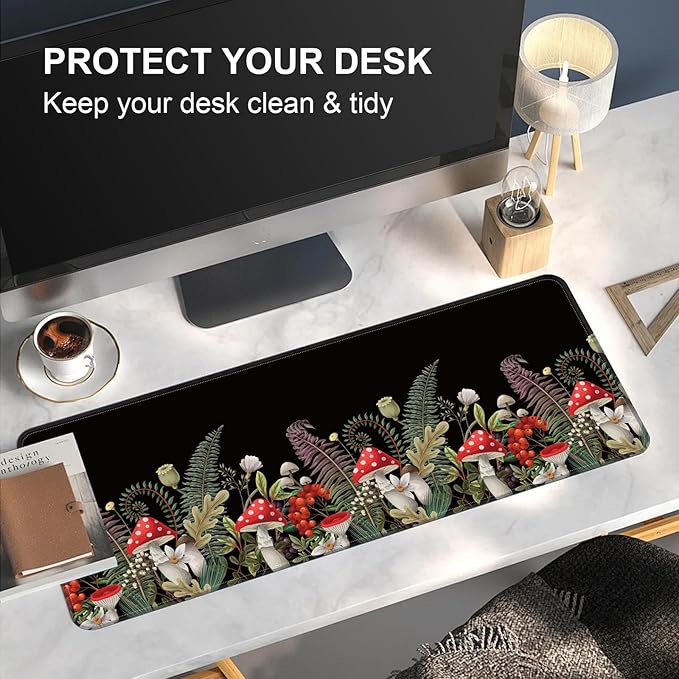 Large Desk Mat, Desk Matt for Desktop, Computer Gaming Mouse Pads, Anti-Slip Rubber Base, Stitched Edges Soft Mat for Desktop Office Home 31.5 x 11.8 Inches (Mystical Mushroom)