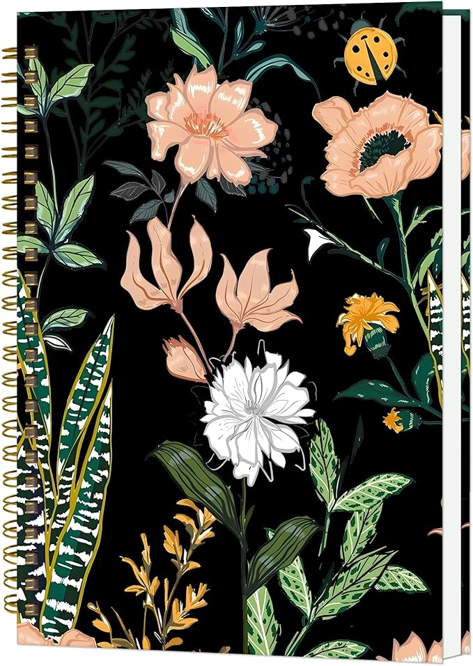 Spiral Notebook A5, Hardcover Journal for Women, 120 Pages Thick College Ruled Paper, Perfect for Office, School, or Home Use(Flowers on Black Background)