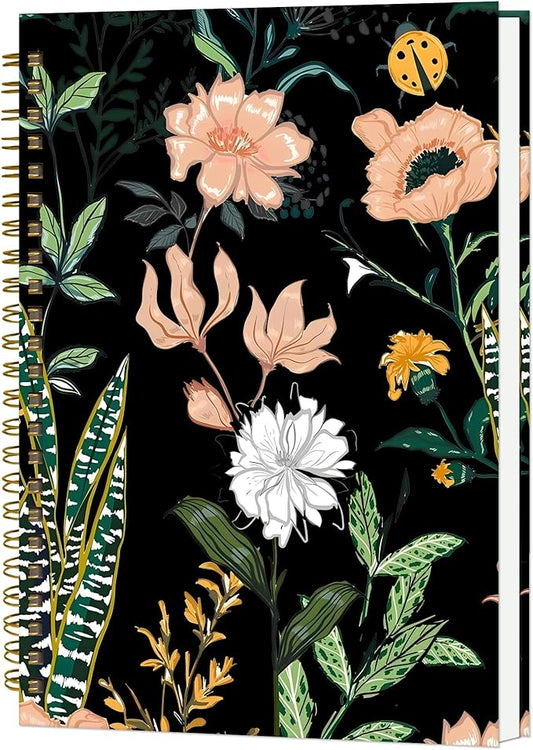 Spiral Notebook A5, Hardcover Journal for Women, 120 Pages Thick College Ruled Paper, Perfect for Office, School, or Home Use(Flowers on Black Background)