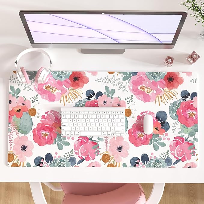 QIYI Large Mouse Pad, Pink Floral Desk Mat for Desktop, Women Girls PU Leather Waterproof Gaming Mousepad, Computer Laptop Desk Accessories Protector Writing Pads for School Office Home 31.5" x 15.7"