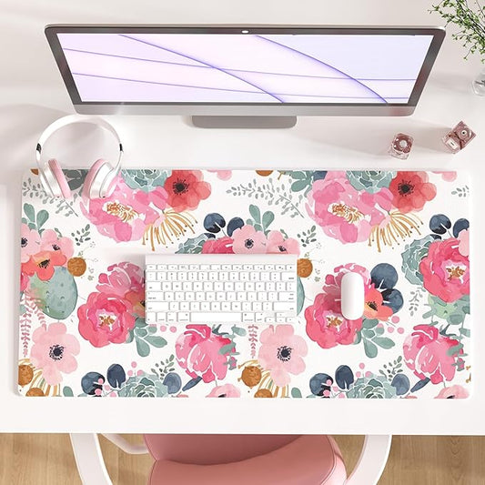 QIYI Large Mouse Pad, Pink Floral Desk Mat for Desktop, Women Girls PU Leather Waterproof Gaming Mousepad, Computer Laptop Desk Accessories Protector Writing Pads for School Office Home 31.5" x 15.7"