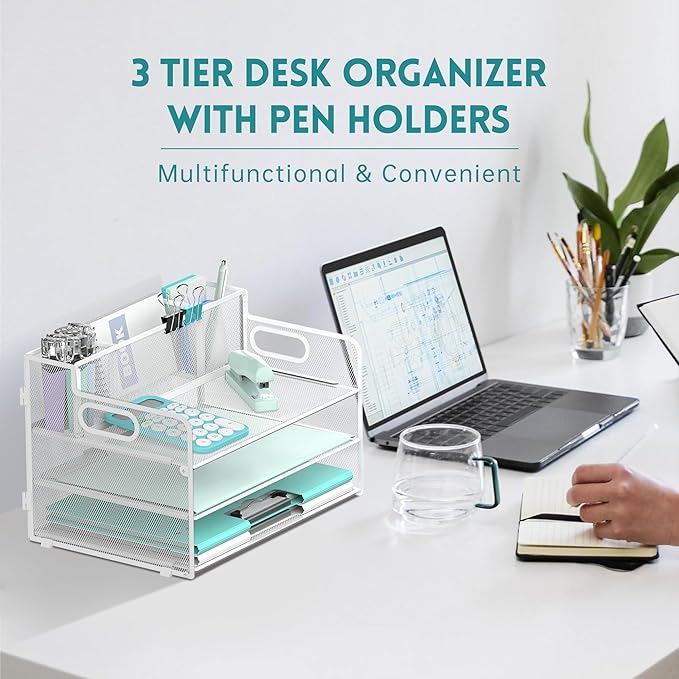 SUPEASY 3 Tier Desk Organizer with Handle & 3 Pen Holders, Mesh Paper/File Organizer for Desk, Paper Letter Tray Organizer for Office Supplies (White), 1 Pack, 3CST-3PH