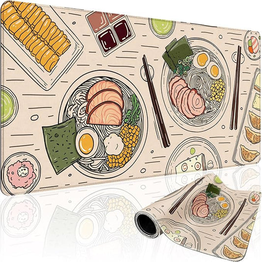 Japanese Ramen Large Gaming Mouse Pad 31.5"x15.7"｜Illustrated Food Pattern XXL Desk Mat, Non-Slip Rubber Base & Stitched Edges - Extended Waterproof Mousepad for PC/Laptop/Office/Home Decor
