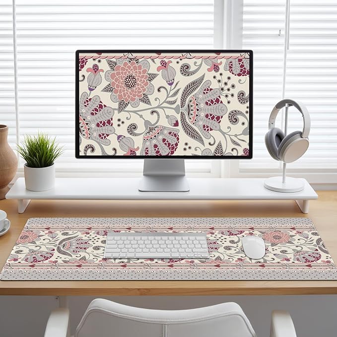 Cute Desk Mat, Large Desk Matt for Desktop, Woman DeskPad Mat, XXL Big Mouse Pad, Anti-Slip Mousepad with Stitched Edges,Keyboard Pad Mouse Mat Cover for Computer 35.4×15.7 in,Cream Flowers