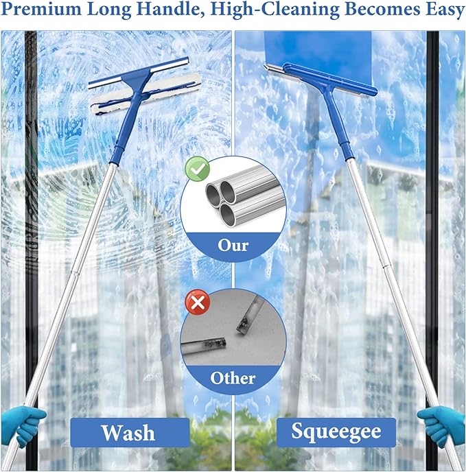 Squeegee for Window Shower Glass Door Cleaning, VOUBIEN Household Squeegee Window Cleaner 2 in 1 Kit with Long Handle, Microfiber Scrubber for Window, Glass Door, Car, Home Floor