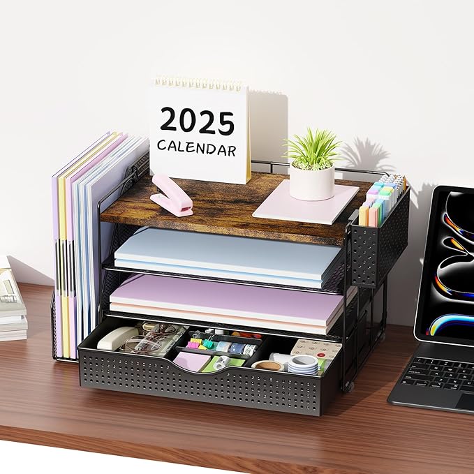 Wood Desk Organizers and Accessories with File Holder, 4-Tier Desk Accessories & Workspace Organizers with Drawer and Pen Holder, Paper Organizer for Office Supplies (Wood)