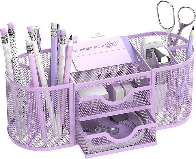 SUPEASY Mesh Desk Organizer, Desk Organizers and Accessories with Drawers, Pen Holder for Desk with 2 Drawers with 9 Compartments for Office Supplies, Purple