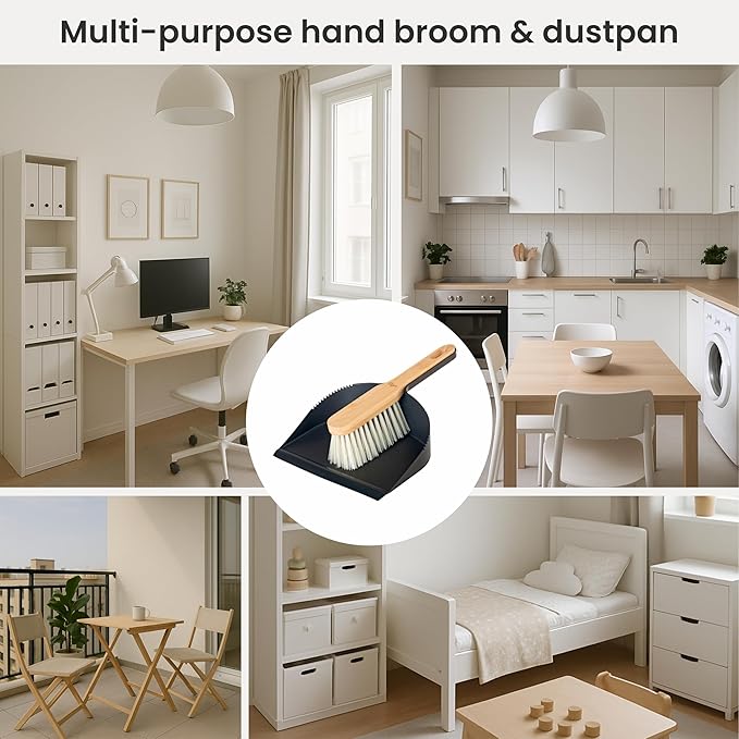 Vigar Vintage Mini Bamboo Broom with Dustpan Combo Set, Small Dust Pan and Brush Set for Dust, Pet Hair, Car, and Crumb, House, Kitchen Broom, Black