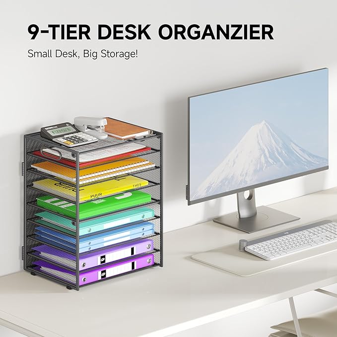 9 Tier Paper Organizer with Handle, Large Capacity Desk Organizer Mesh Paper Letter Tray File Folder Document Sorter for Classroom and Office Accessories Organization- Grey (2 Pack)