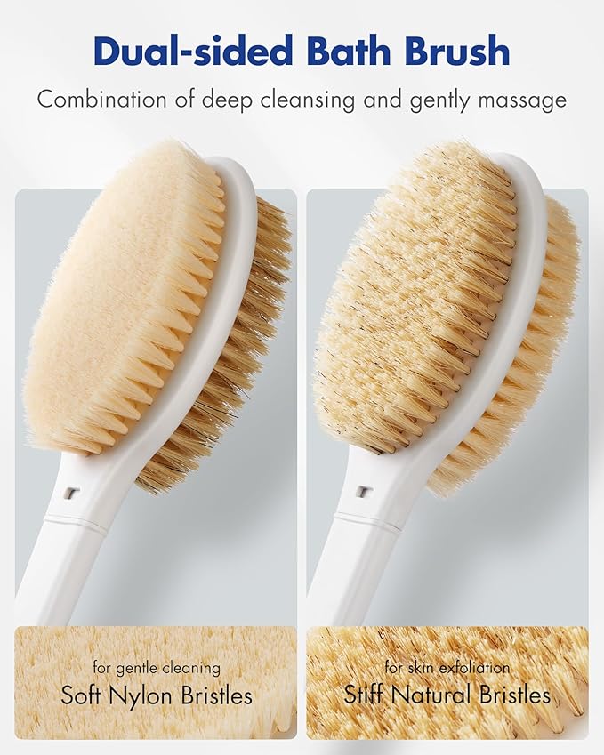 Back Scrubber Body Shower Brush: 20.5‘’ Extra Long Anti Slip Handle Bath Brush with Stiff and Soft Bristles - Showering Exfoliator Wet or Dry Brushing for Women, Men, Elderly (Blue)