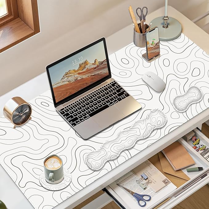 Gaming Mouse Pad Keyboard Wrist Support, 4 in1 Mousepad with Wrist Keyboard Rest, Computer Desk Mat, Non-Slip Desk Pad Protector with Memory Foam Easy Typing Pain Relief I White Topographic